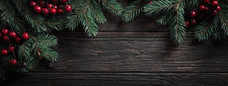 Image features evergreen branches adorned with red berries, artfully arranged against a dark wood surface. The composition showcases a close-up perspective, with a focus on natural textures and color contrast. Ideal for holiday-themed projects, this image could be suitable for various commercial or editorial uses.の素材