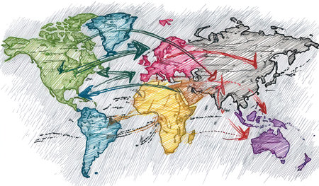 A vibrant illustration presents a world map divided into colorful continents. Arrows crisscross the map, indicating connections and movement. The drawing style offers a textured appearance, and a neutral background enhances the vibrant colors. Suitable for various applications related to international topics and worldwide concepts.の素材