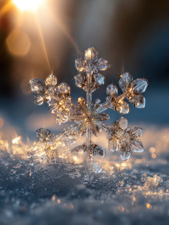A detailed image presents a snowflake resting on snow. The close-up showcases the intricate crystal structure with a soft light. The composition features a natural outdoor environment with a soft focus. The image could be used for winter-themed design or editorial projects.の素材