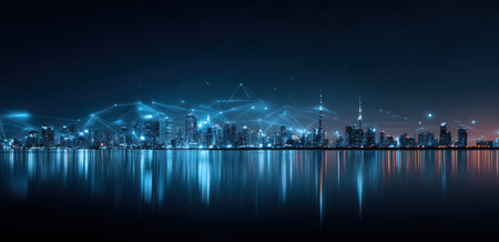 A nighttime cityscape features illuminated buildings and a reflecting body of water. The composition is primarily dark blue and black, with accents of bright blue light representing a digital network. This could be used for conceptual or commercial applications regarding technology or urban development.の素材