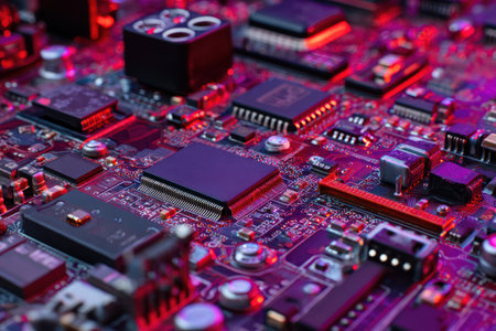 A detailed image presents a circuit board filled with microchips, transistors, and other electronic elements. The composition features a vibrant color palette of reds, purples, and blacks, creating a dynamic visual experience. This image could be used for illustrating technology, data processing, and innovation themes.の素材