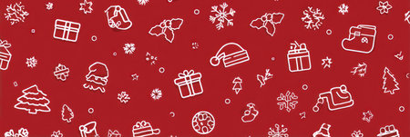 This festive image presents a seamless pattern featuring Christmas-themed illustrations. Outlined in white, various elements such as gifts, snowflakes, and festive ornaments adorn a vibrant red background. This design is suitable for seasonal projects, holiday-related themes, and promotional materials. It offers versatile application for diverse commercial and editorial purposes.の素材