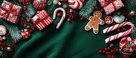 An overhead shot presents a holiday arrangement. Red gift boxes, ornaments, and candy canes accompany a gingerbread man. The composition features a textured green background. This imagery is suitable for various commercial uses, including seasonal advertising and design projects, providing a festive atmosphere.の素材