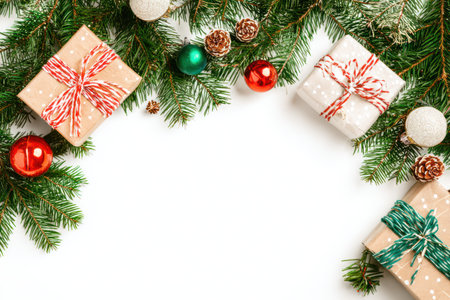 This overhead composition displays holiday gifts and decorations. Presents with colorful bows are interspersed among green fir branches. Bright ornaments and small pine cones are scattered around. This image could be used for festive greeting cards, advertising, or various design projects related to celebrations.の素材