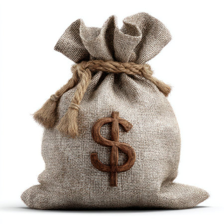 A close-up captures a burlap sack tied with a rope, prominently displaying a large dollar sign. The neutral-toned bag has a textured appearance, and the lighting highlights its details. This image is suitable for various applications related to finance, savings, or investment, offering visual representation for commercial use.の素材