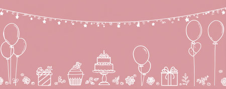 This celebratory illustration showcases a pink background adorned with balloons, a cake, and gift boxes. Outlined in white, the composition suggests a festive occasion. This versatile graphic is suitable for various applications, including invitations, greeting cards, and website design. Its clean style offers creative potential for both commercial and editorial use.の素材