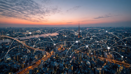 An aerial view showcases a city skyline at dusk with interconnected network lines overlaying the urban landscape. The composition uses cool and warm colors. This visual representation suggests modern technology, data connectivity, and infrastructure, suitable for illustrating tech articles or corporate presentations.の素材