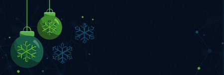 Two green Christmas ornaments with snowflake designs dangle against a deep blue backdrop. The illustration incorporates a simple, clean style with bright colors. The composition provides copy space for commercial and decorative purposes. This imagery may be suitable for seasonal promotions or holiday-themed design projects.の素材