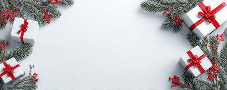 White gift boxes tied with red ribbons are arranged with spruce branches and berries. The top-down composition emphasizes a festive theme against a blank backdrop. The scene suggests a winter holiday, suitable for various promotional and advertising applications, or seasonal editorial content.の素材