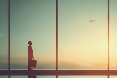 A silhouette of a man stands by an expansive window, gazing at an airplane ascending against a gradient sky. The scene features warm, golden hues of the setting sun. The composition includes vertical lines and negative space. Suitable for editorial and commercial use.の素材