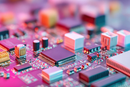 A close-up view presents a circuit board populated with microchips and various electronic components. The composition features a shallow depth of field, highlighting the complexity of the integrated circuits. Dominant colors include shades of purple, pink, and yellow. This image is suitable for illustrating concepts related to technology and engineering.の素材