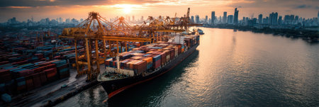 An aerial view presents a cargo ship filled with shipping containers docked at a harbor, alongside large cranes. The scene is bathed in the warm light of a setting sun. The composition includes a waterway and cityscape in the background. Suitable for illustrating global trade or logistics concepts, with commercial applications.の素材