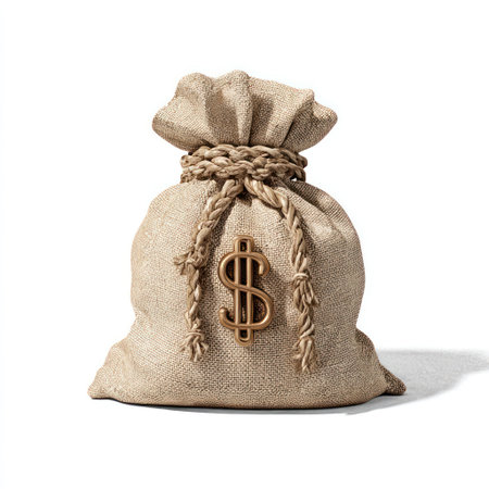 A close-up image presents a full burlap money bag, showcasing a detailed woven texture. The bag features a golden dollar sign on its front. The neutral color palette and the plain background suggest potential uses for business, finance, or economic themes in various commercial applications.の素材