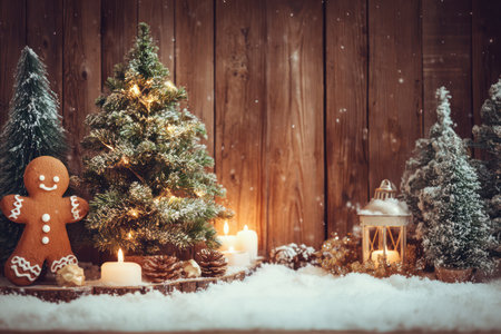 A festive scene features a gingerbread man, Christmas trees, and lit candles in front of a rustic wooden backdrop. The composition showcases warm lighting and soft textures. Snow and decorative elements enhance the holiday atmosphere. Suitable for seasonal promotions and editorial content.の素材