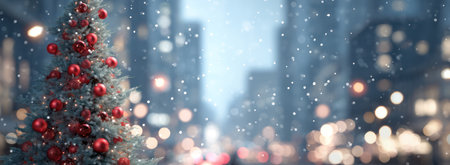 A Christmas tree adorned with red ornaments is the focal point of this image. The tree stands against a blurred background of city buildings and twinkling lights. The overall atmosphere suggests a winter season or festive scene, ideal for commercial or editorial applications. The image utilizes selective focus with a shallow depth of field.の素材