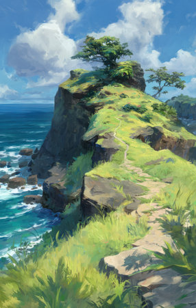 An illustration depicts a coastal cliff covered in vibrant green vegetation and small trees. The image showcases a pathway along the cliff edge with waves crashing at the base. The composition, lit by natural sunlight and adorned with a bright blue sky, is suitable for editorial or commercial projects.の素材