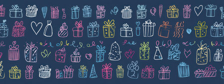 This image features a repeating pattern of hand-drawn gift boxes in various colors against a dark background. The composition includes diverse shapes and sizes, employing a sketched style. This design is suitable for general use in festive greeting cards, website backgrounds or marketing materials, conveying a sense of celebration and joy.の素材