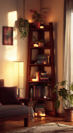 An inviting interior scene features a wooden bookshelf filled with books and adorned with potted plants. Warm lighting illuminates the scene, enhancing the cozy atmosphere. The composition includes a comfortable armchair and soft textures, ideal for various editorial and commercial applications. The setting evokes a sense of relaxation.の素材