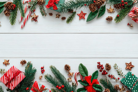 An overhead shot showcases a holiday arrangement featuring gifts, pine branches, and decorative elements. The composition includes various textures and colors, with vibrant reds, greens, and browns set against a white wooden backdrop. Suitable for holiday-themed advertising, this image can be used for diverse commercial purposes.の素材