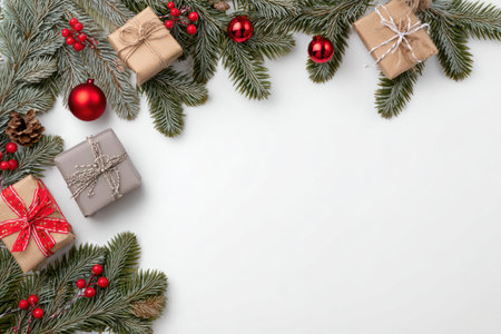 An overhead shot reveals a Christmas background with evergreen branches, festive ornaments, and wrapped gifts. The composition features a mix of textures and vibrant red and green colors. Soft lighting suggests an indoor setting, suitable for holiday-themed commercial or editorial projects.の素材