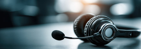 A close-up shot presents a black headset with a microphone. The background exhibits a blurred effect, with a subtle mix of cool tones and hints of sunlight. The image could be suitable for customer service, communication, or technology-related projects, offering a clean and modern aesthetic.の素材