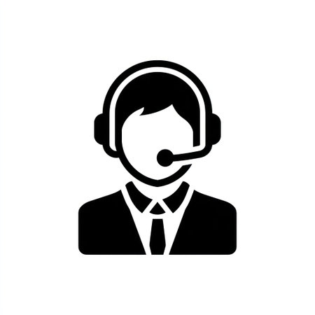 A vector illustration depicts a person wearing a headset, suggesting customer service or support. The image features a solid black silhouette on a white background, highlighting a modern, clean style. The graphic conveys a sense of communication, assistance, and technological interaction, suitable for various commercial purposes.の素材