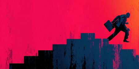 A silhouette of a businessman ascends a staircase, carrying a briefcase, set against a vibrant gradient background. The image showcases deep red and orange hues, creating a dynamic contrast. This stylized composition could be suitable for business, finance, or concept-related publications, illustrating ambition or achievement.の素材