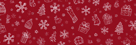 This festive image presents a seamless pattern featuring a collection of Christmas-themed elements. Outlined snowflakes, gift boxes, and holiday ornaments are scattered across a red background. This design, with its simple style and composition, is suitable for various commercial uses, including seasonal promotions and design projects.の素材