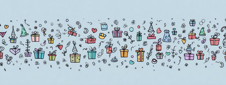 This illustration depicts a collection of gift boxes and festive decorations. The image features a light blue background and uses a hand-drawn style with various colors. It may be suitable for projects related to celebrations, presents, or decorative themes. Its versatile design lends itself to various commercial and editorial applications.の素材