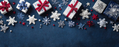 An overhead shot shows a collection of gifts and decorative snowflakes. The gifts are wrapped with ribbons of various colors. Snowflake decorations are scattered on a dark blue background. The composition suggests a celebratory theme suitable for commercial or editorial applications.の素材