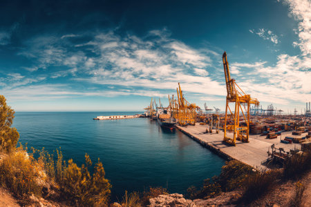 A panoramic view showcases a coastal harbor, featuring several yellow cranes towering over docked cargo ships. The scene is illuminated by natural sunlight under a cloudy, blue sky. The composition emphasizes the industrial infrastructure against a backdrop of open sea, suitable for various commercial uses.の素材