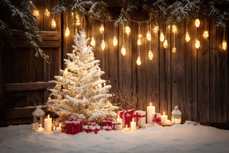 A decorated Christmas tree is surrounded by wrapped presents, candles, and string lights. The scene features a rustic wooden backdrop covered in snow. The warm color palette and soft lighting create a festive atmosphere. Suitable for use in seasonal marketing and holiday-themed publications.の素材