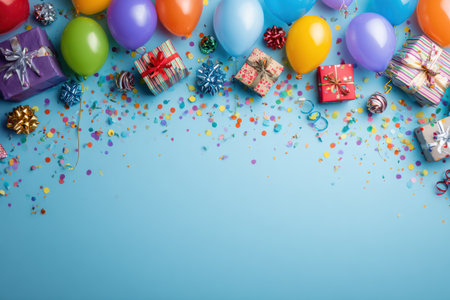 An overhead shot presents assorted colorful balloons, gift boxes, and confetti against a vibrant blue backdrop. The image showcases varied textures and bright colors. The overall composition suggests a festive or celebratory atmosphere, suitable for various commercial applications or editorial uses.の素材