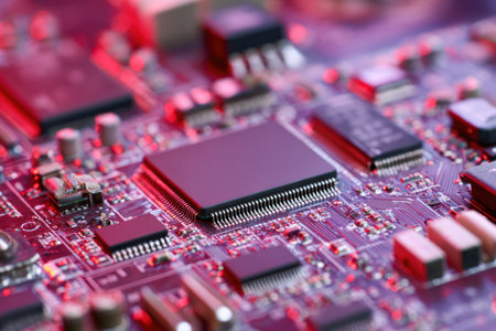 A detailed close-up shows a circuit board with multiple integrated circuit chips and various electronic components. The composition showcases a network of connections in shades of red, purple, and silver. The lighting appears diffused, highlighting the intricate details suitable for technological or engineering publications.の素材