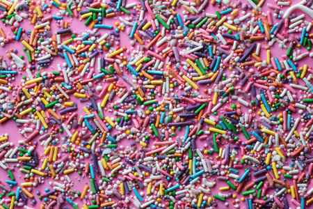 An overhead shot reveals a multitude of colorful sprinkles densely covering a pink surface. The sprinkles present a variety of colors and textures, creating a visually interesting pattern. This image can be suitable for use in culinary, design, or decorative projects. It could also illustrate themes related to celebration or sweetness.の素材