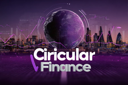 This graphic composition features a stylized Earth globe at the center, overlaid on a cityscape. The color palette includes purple and white hues. The image suggests concepts such as global markets and sustainable financial practices, suitable for various business or editorial applications.の素材