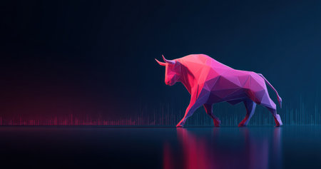 A polygonal bull sculpture is illuminated with vibrant neon lighting against a dark background. The artwork features shades of pink and blue, creating a dramatic visual effect. The composition highlights a low-poly aesthetic, suggesting a modern and stylized representation suitable for commercial applications and various design projects.の素材
