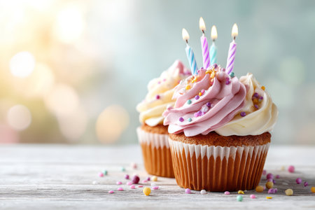 Two cupcakes are the central subject, each topped with creamy frosting and burning candles. The close-up showcases vibrant colors, especially in the frosting and sprinkles. The composition is balanced on a wooden surface, with a blurred background suggesting an indoor setting. This image may be suitable for various celebratory or promotional uses.の素材