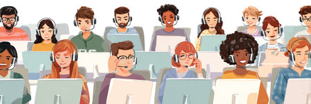 This illustration depicts a group of diverse individuals, wearing headsets, sitting at computers. The style is flat, with vibrant colors and soft lighting. The composition suggests a work environment. Potential uses include articles, or advertising visuals for customer support, tech assistance, or business communication.の素材