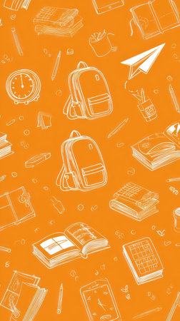 An illustration features an orange background with detailed line drawings of educational objects. The composition includes backpacks, books, pencils, and other school-related items. The design suggests a conceptual theme, suitable for use in educational materials and other creative projects. The color palette provides a lively and approachable visual effect.の素材
