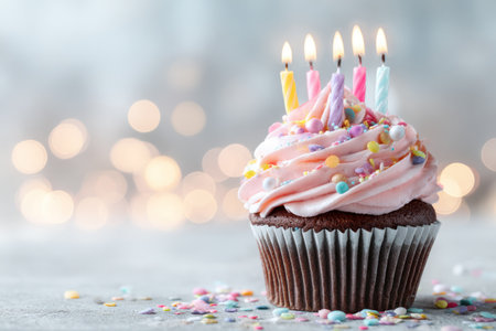 A close-up captures a cupcake adorned with pink frosting and multiple lit candles. The sweet treat is detailed with colorful sprinkles, set against a soft, out-of-focus backdrop. This image showcases vibrant colors and textures, suggesting an indoor setting with subtle, warm lighting. Ideal for illustrations or celebratory projects.の素材