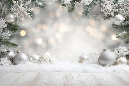 This image presents a winter holiday scene with silvery ornaments and snow-covered fir branches. The composition features soft lighting and a blurred bokeh effect in the background, with a foreground of a wooden surface, suggesting a winter holiday aesthetic. Suitable for various commercial and editorial projects.の素材