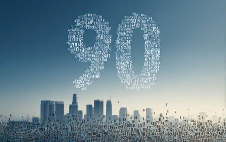 An image displays the number ninety formed by countless smaller digits floating above a cityscape. The scene presents a cool color palette with shades of blue and white, suggesting a daytime setting. The composition features a low-angle perspective, potentially suitable for business presentations or concept illustrations.の素材