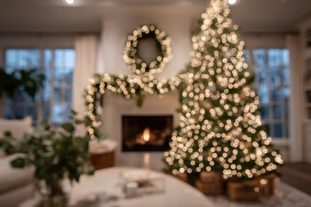 A festive living room scene features a brightly lit Christmas tree and wreath. The composition utilizes soft focus to emphasize the holiday atmosphere with warm lighting. This image suggests a cozy interior setting, suitable for promotional materials, or editorial features related to winter celebrations.の素材