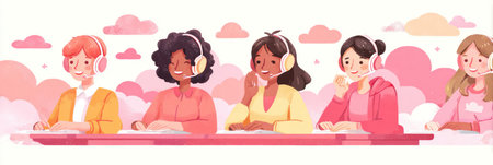An illustration features a diverse group of women wearing headsets. The artwork uses a pastel color palette with pinks, yellows, and oranges, and a soft, airy style. The composition suggests a call center or customer service context. Suitable for commercial or editorial applications, the image could be used for articles or promotional materials.の素材