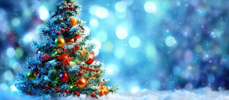 A festive image showcases a decorated Christmas tree with various ornaments. The composition features a blurred, bokeh-filled backdrop of blue and white. The scene evokes a holiday atmosphere, suitable for design projects, seasonal greetings, and commercial applications. The tree is the focal point, suggesting celebration and joy.の素材