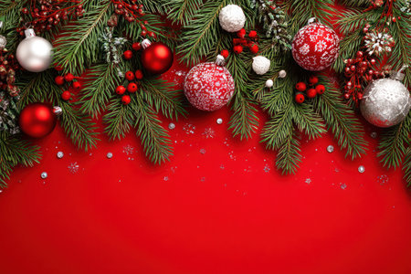 Christmas decorations are arranged against a vibrant red backdrop. Evergreen branches are adorned with various ornaments, including red, silver, and patterned baubles. The composition showcases a close-up perspective with scattered white details, highlighting a festive atmosphere. Suitable for holiday-themed advertising or editorial content.の素材