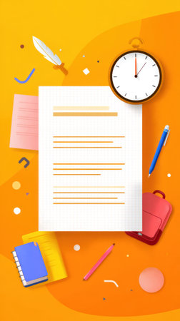 An illustrated document is the central focus, accompanied by a clock, pen, and school bag, set against an orange background. The composition showcases bright colors and stylized graphics. This artwork may be suitable for educational, business, or creative projects. It avoids specific branding or locations, offering versatility for different applications.の素材