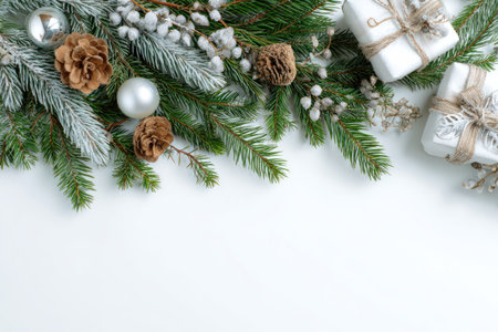 An overhead view reveals a holiday arrangement featuring evergreen branches, decorative ornaments, and neatly wrapped gifts. The composition showcases a mix of textures, including pine needles, smooth baubles, and natural cones. This festive display, set against a white backdrop, is suitable for various seasonal projects and commercial applications.の素材