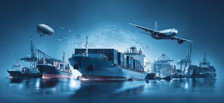 This image depicts diverse modes of transportation representing global logistics. Cargo ships, an airplane and port structures are presented. The composition features a cool color palette with soft lighting. This versatile imagery could be suitable for commercial and editorial uses related to commerce, trade, or travel.の素材
